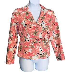 Ann Taylor Loft Size 12 Floral Jean Jacket Denim Colorful Pink Daisies Pockets